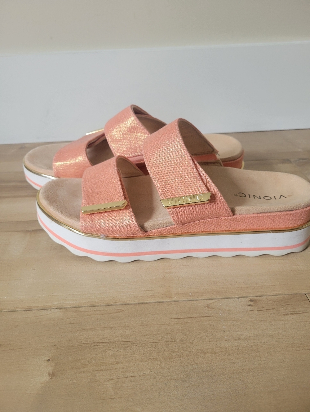 Vionic Women's Brandie Slide Roze Pink Linen Metallic Sandal Size 10 - Picture 4 of 8
